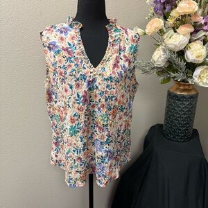 Another Love Floral Ruffle Neck Sleeveless Blouse Boho Spring Top Size L
